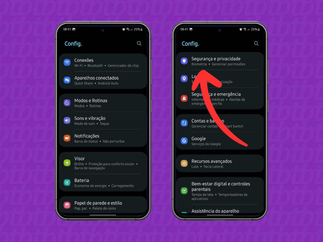 Acessando o menu Segurança e Privacidade no celular Samsung
