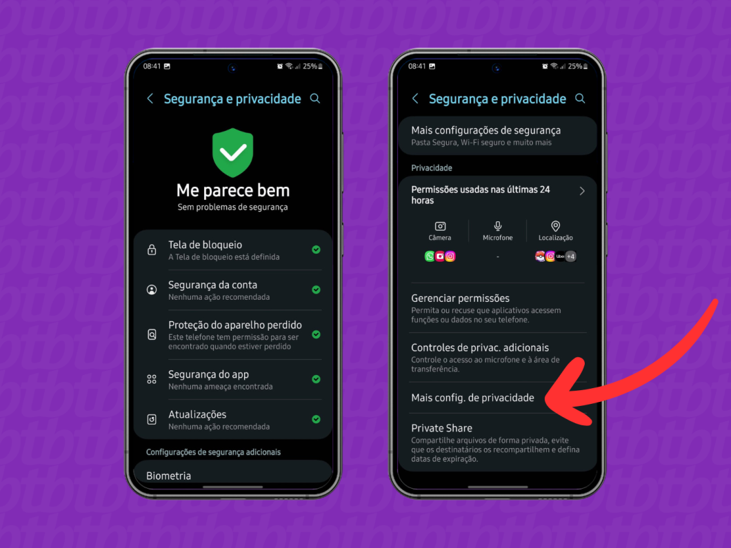 Acessando o menu Mais configurações de privacidade do celular Samsung