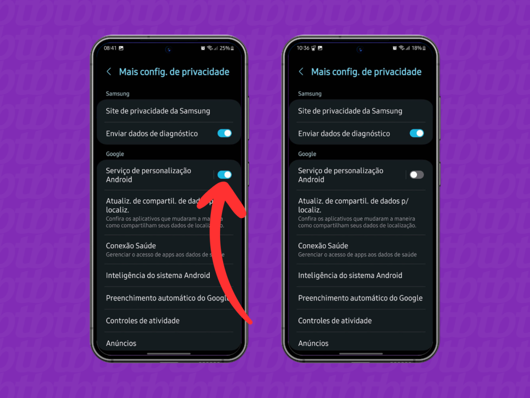 Desativando a função Serviço de personalização Android no celular Samsung