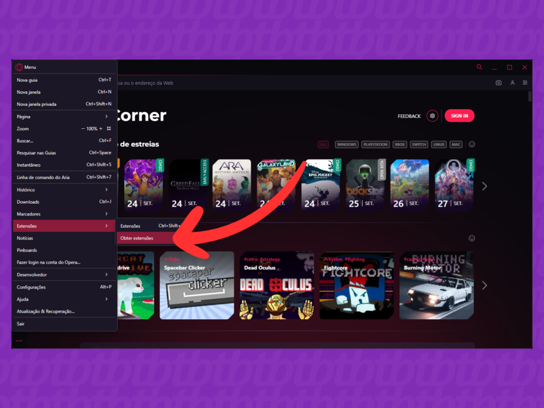 Captura de tela do navegador Opera GX demonstrando como acessar o menu de extensões.