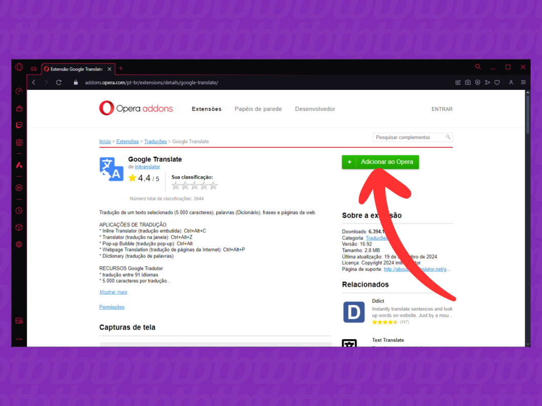 Captura de tela no navegador Opera mostrando a instalação da extensão Google Translate.