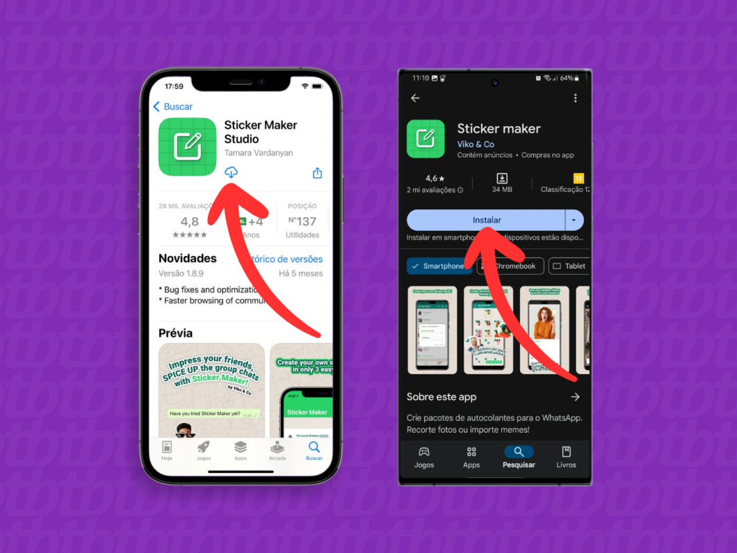 Capturas de tela do iPhone e Android mostram a página de download do Sticker Maker na App Store e na Play Store