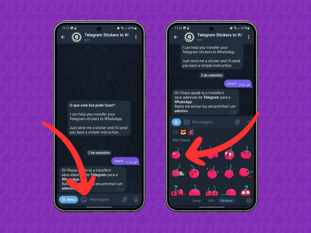 Capturas de tela do aplicativo Telegram no Android mostram como selecionar uma figurinha para a transferência