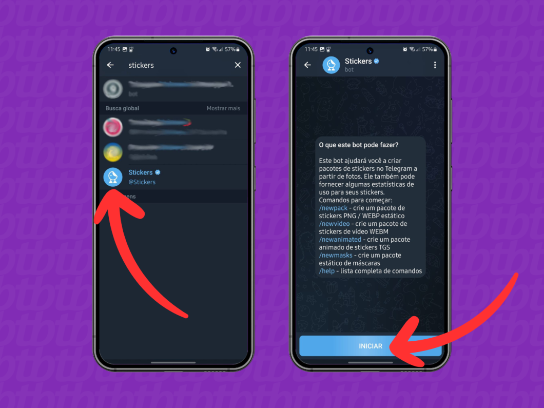Capturas de tela do Telegram no Android mostram como acessar o bot Stickers