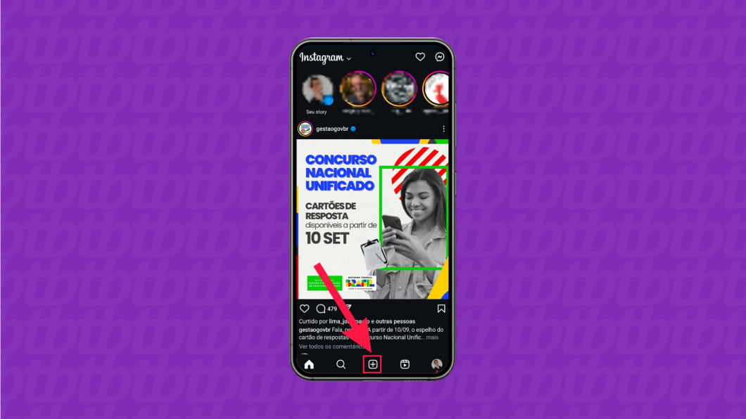 Interface do app Instagram para Android ilustrando o processo de criação de uma nova publicação.