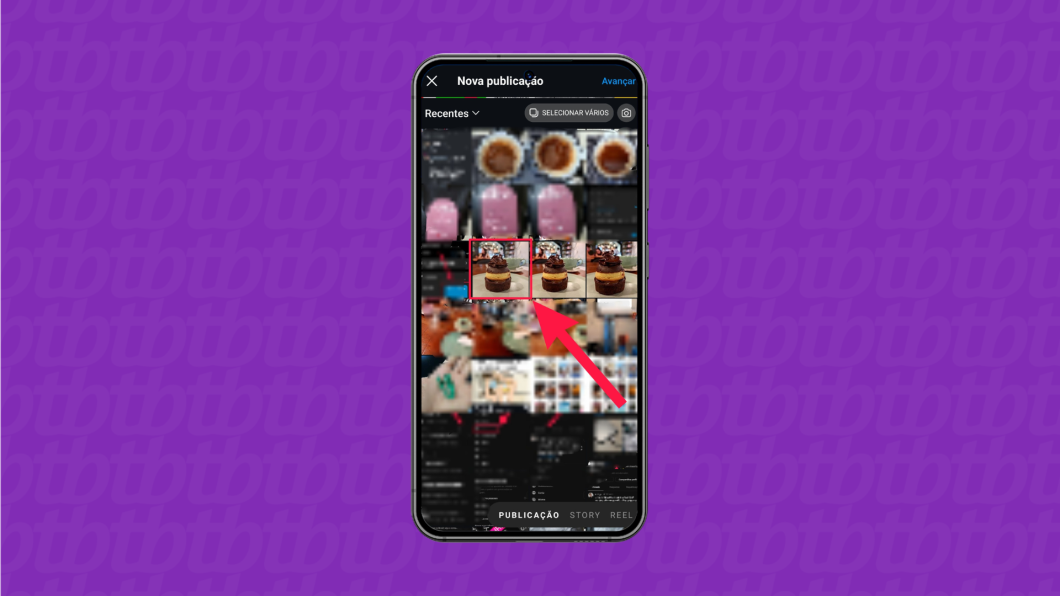 Captura de tela do app Instagram mostrando como selecionar uma imagem para a nova publicação.