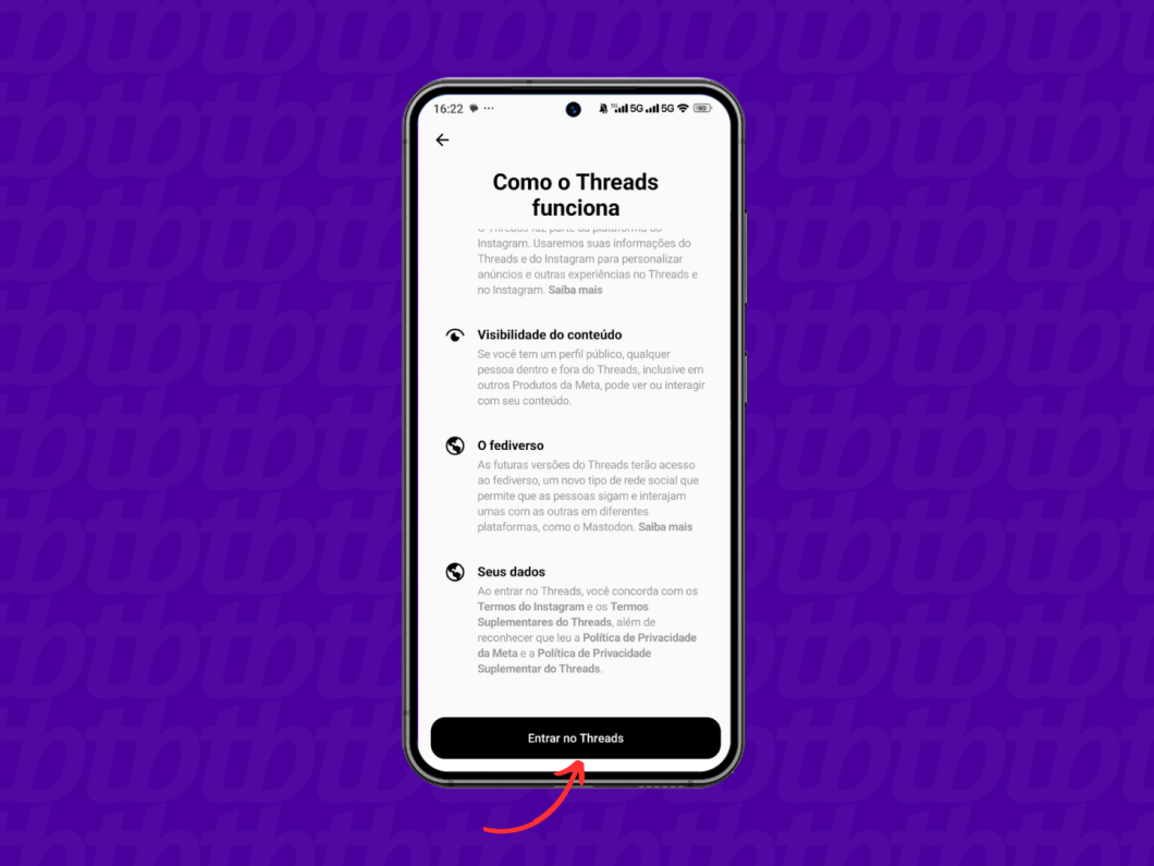 Confirmação de ingresso no Threads pelo celular