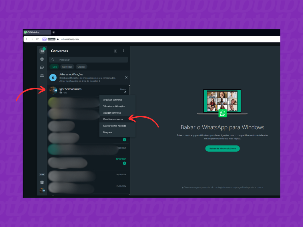 Desafixando uma conversa do WhatsApp pelo PC - Passo a passo
