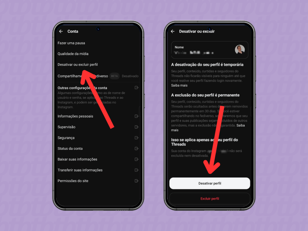 Tela do aplicativo Threads na etapa final de desativação do perfil, mostrando o botão 'Desativar perfil'.