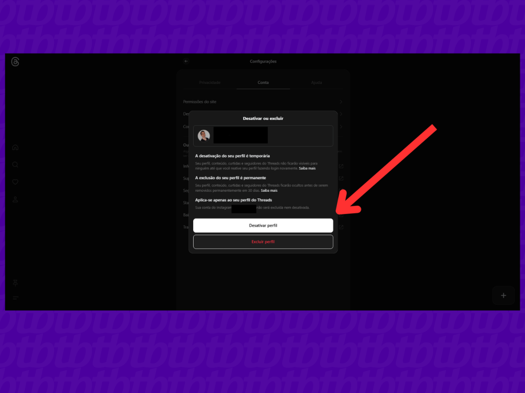 Captura de tela com o botão de desativar o perfil no Threads através do PC.