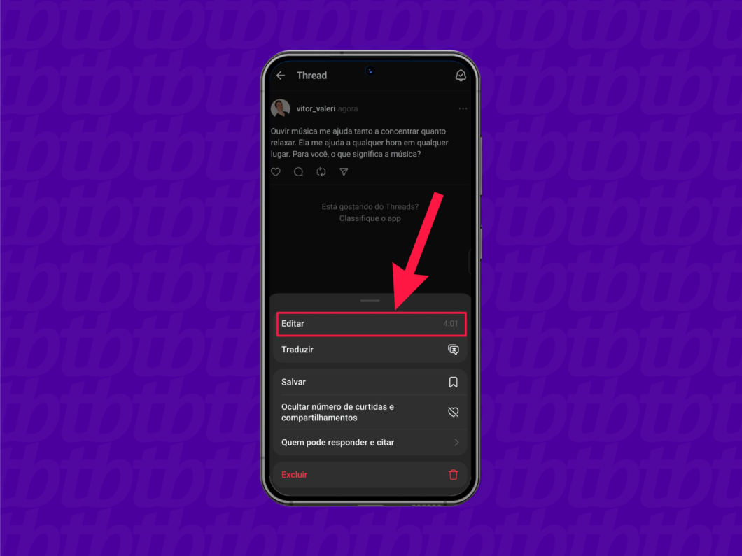 Tela do aplicativo Threads mostrando a opção de edição de uma postagem.