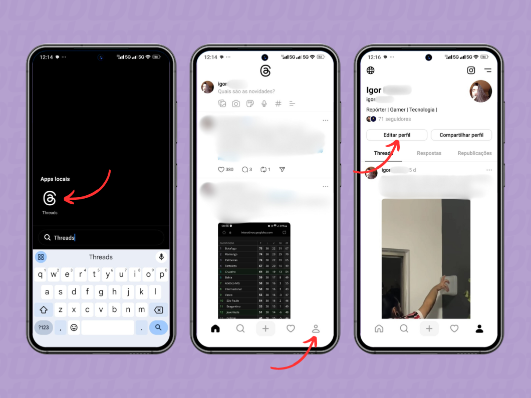 Entrando na edição de perfil do Threads pelo celular