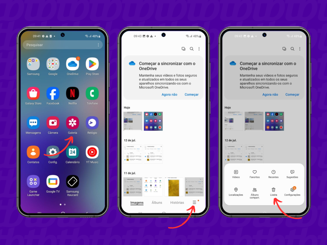 Passo a passo para entrar na lixeira da galeria de um celular Samsung