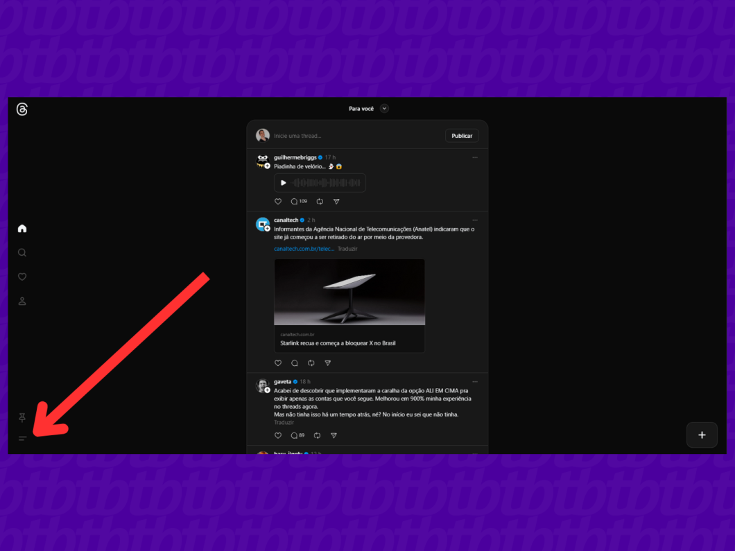 Tela mostrando como acessar o menu de configurações no app Threads para PC.