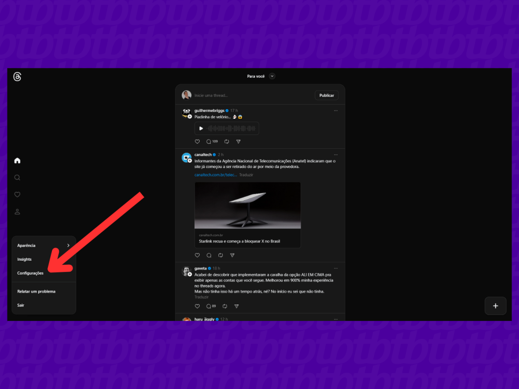 Tela mostrando o botão "Configurações" do app Threads para PC.