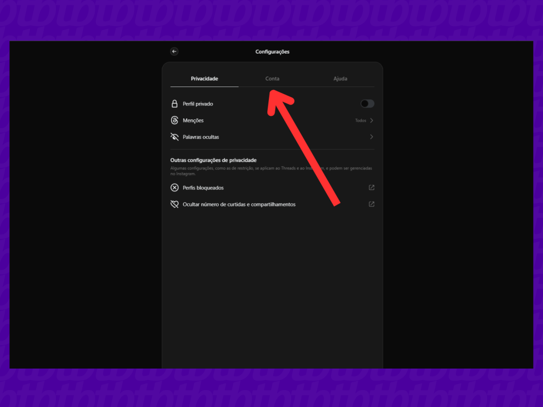 Tela da aba "Conta" do app Threads para PC.
