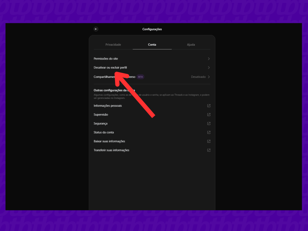 Tela com a opção de desativar ou excluir o perfil do Threads através do PC.