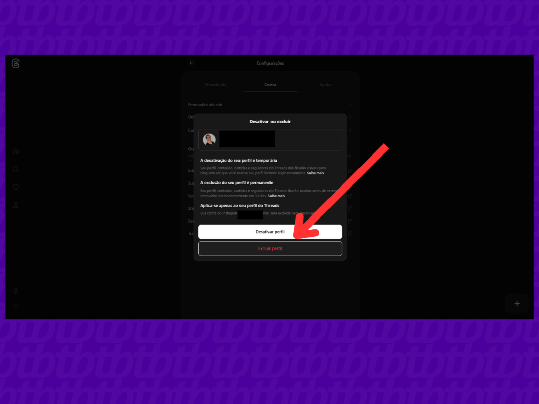 Tela do botão de excluir o perfil do Threads pelo PC.
