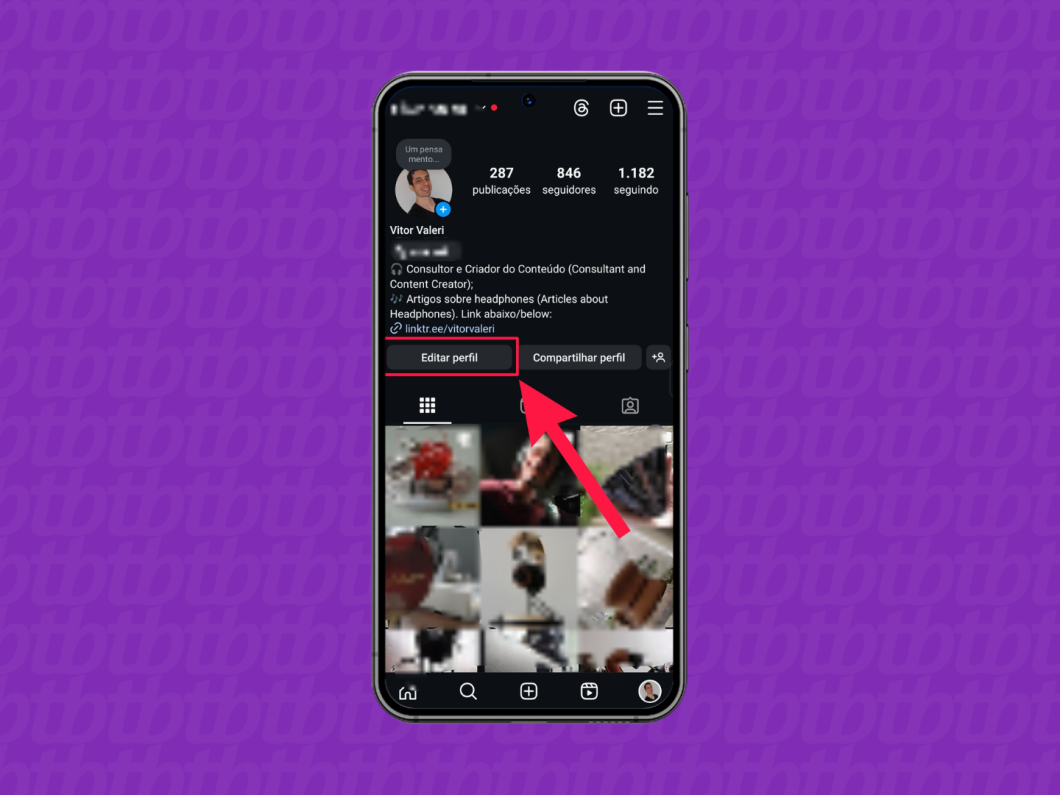 Acessando a página de edição de perfil do Instagram no celular.