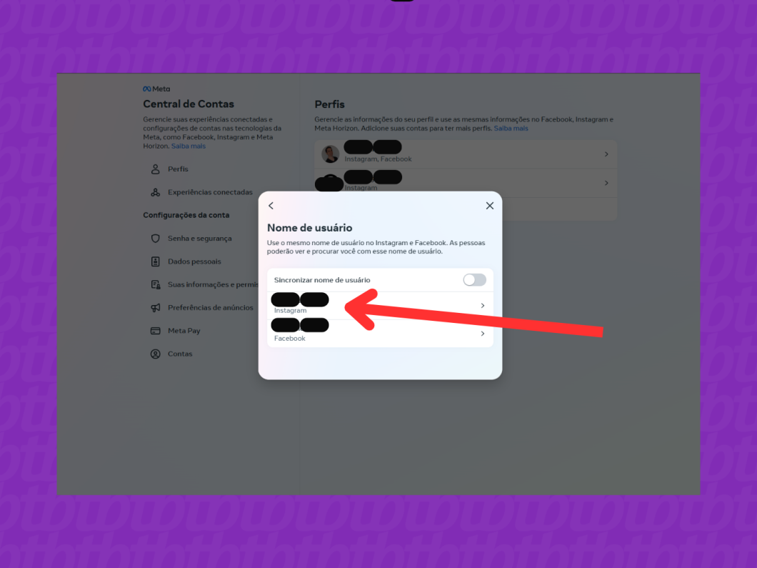 Opções para a alteração do nome de usuário no Instagram e Facebook na Central de Contas pelo PC.