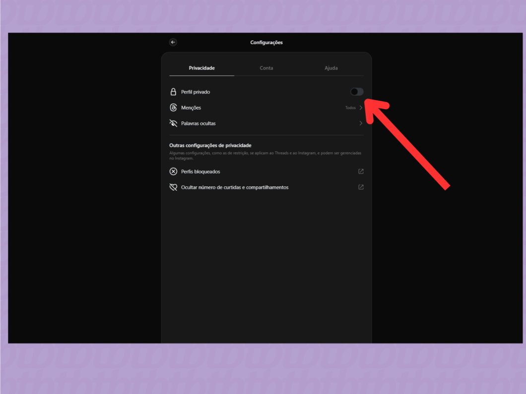 Botão para ativar perfil privado no Threads pelo PC.