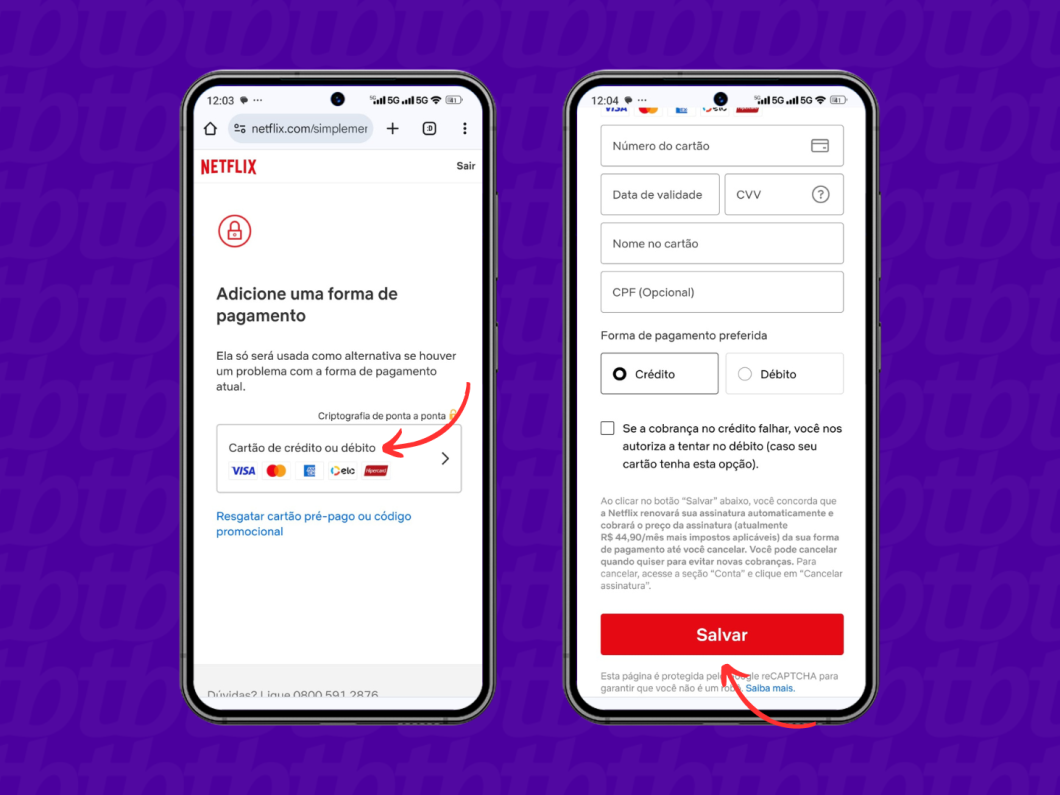 Salvando os dados do novo método de pagamento na Netflix