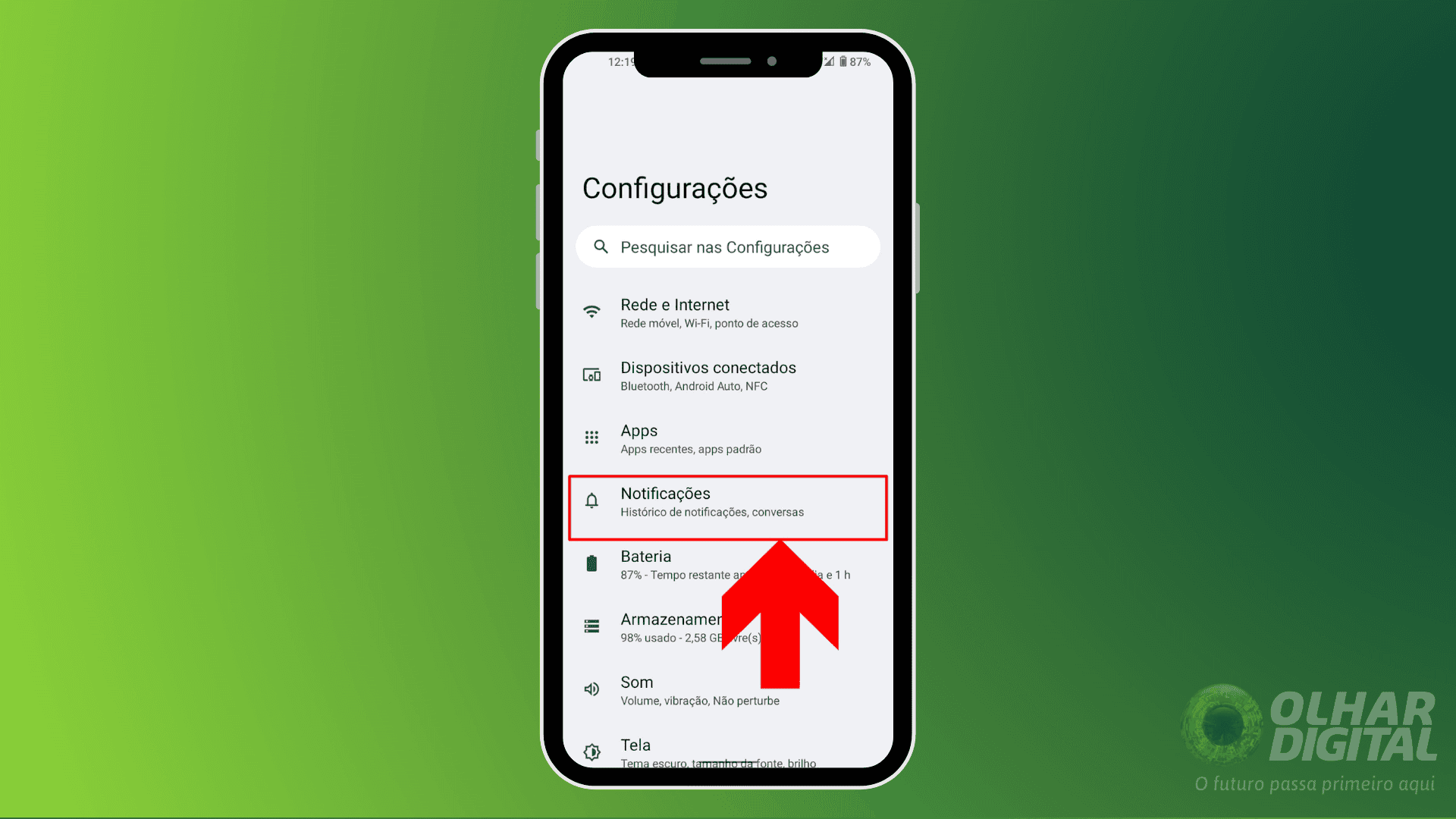 Acessando as notificações nas configurações do Android