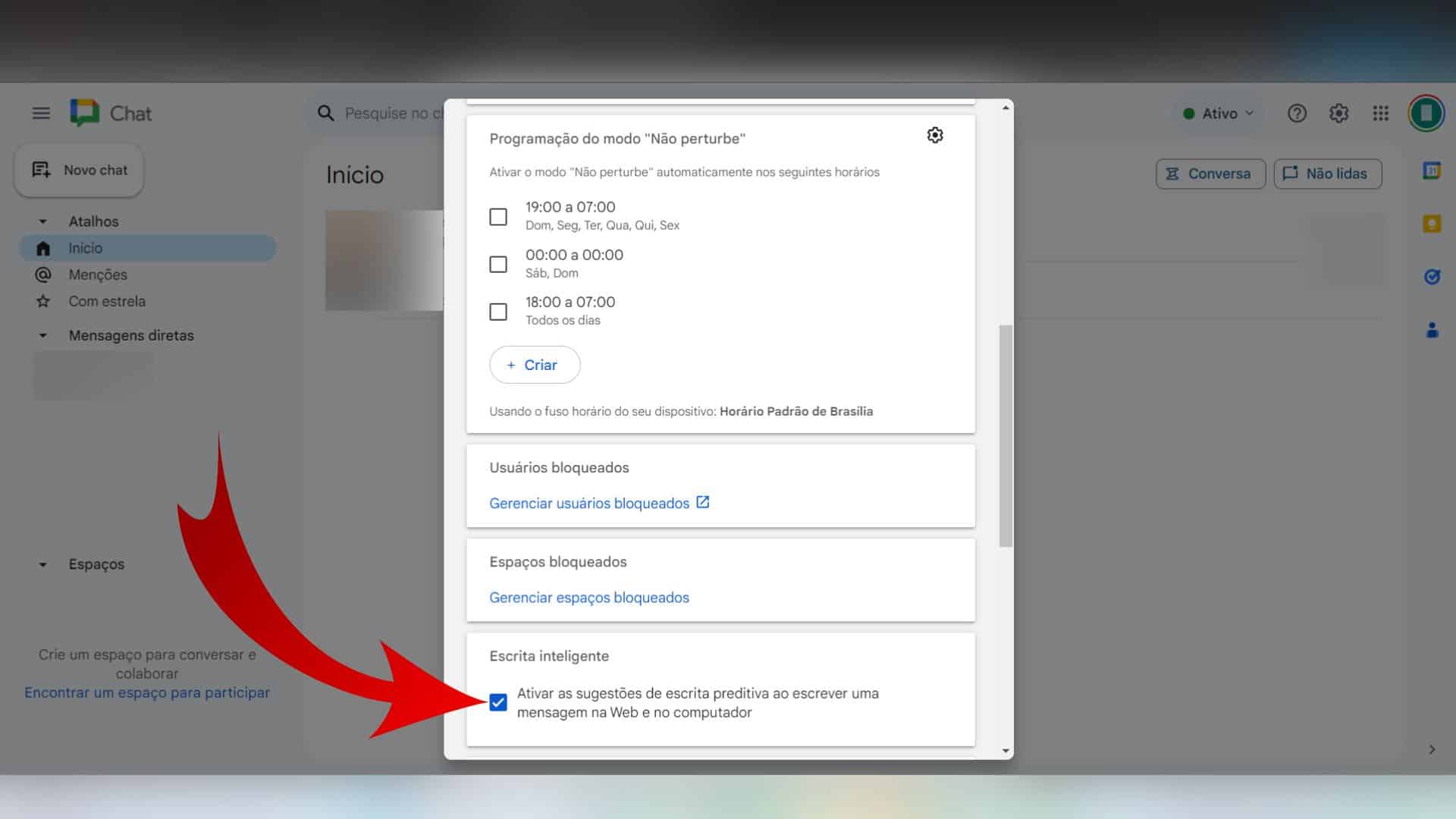 Desativação da escrita inteligente no Google Chat