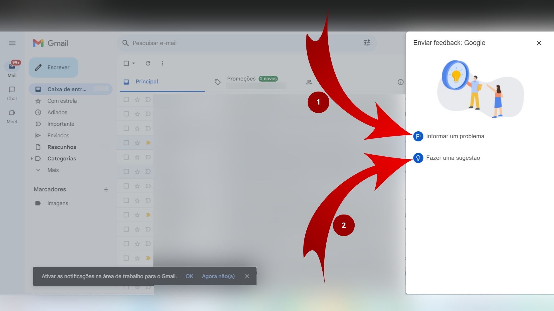 Opções de feedback no Gmail