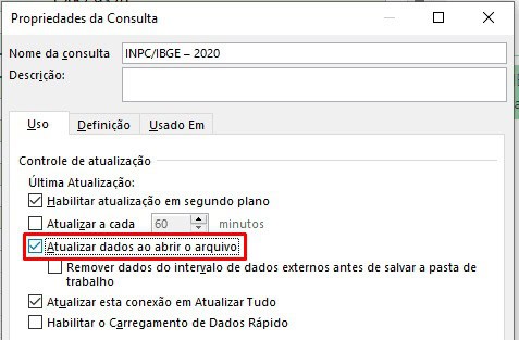 Configurando a opção de atualizar dados ao abrir