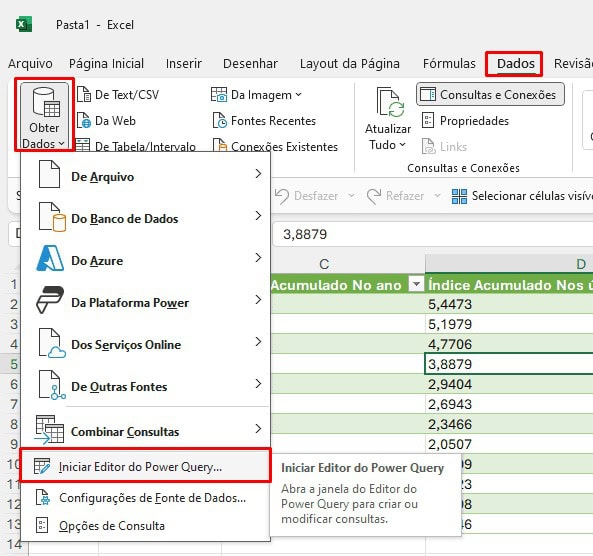 Exemplo do Ambiente Power Query no Excel