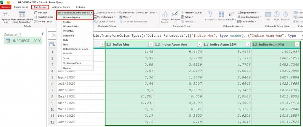 Exemplo de mudança de tipo de dados no Power Query