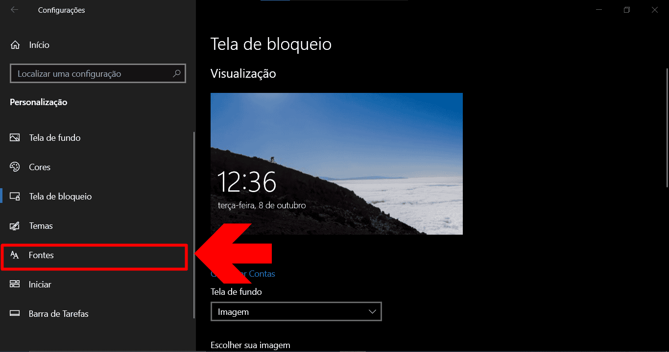 Imagem indicando onde clicar para acessar as fontes nas configurações do Windows