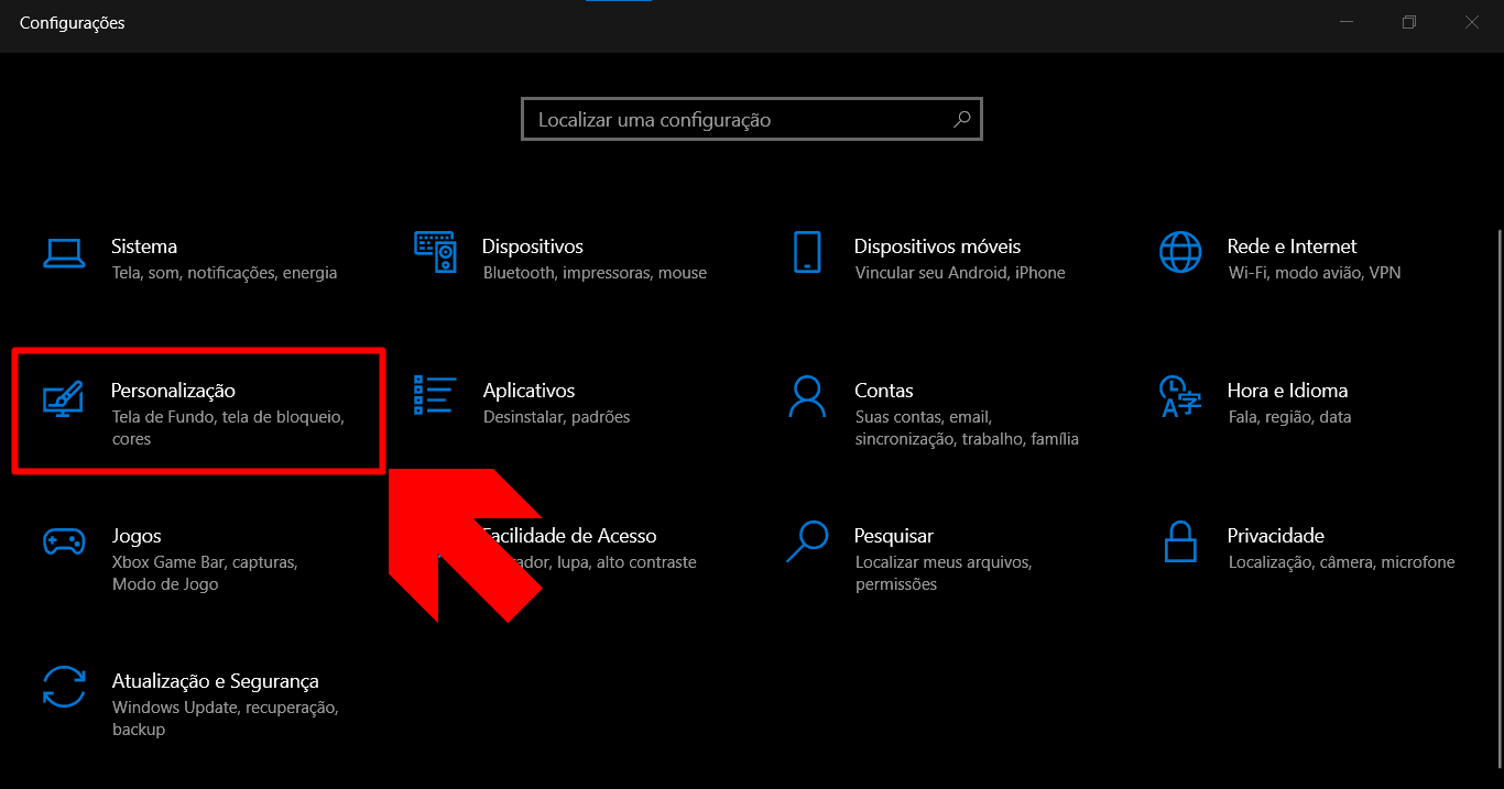 Imagem mostrando a seção de personalização nas configurações do Windows