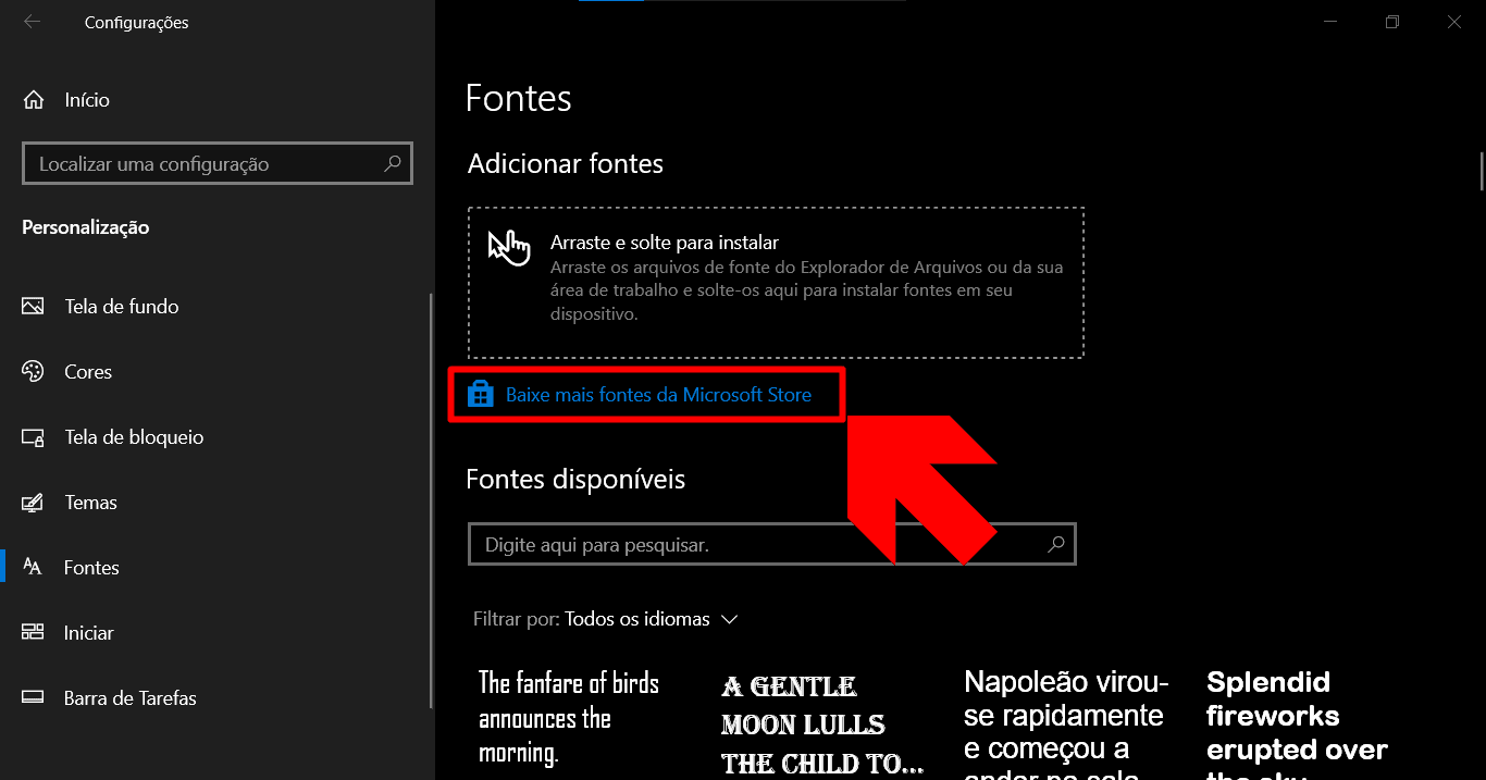 Imagem mostrando o botão que leva aos downloads de fontes na Microsoft Store