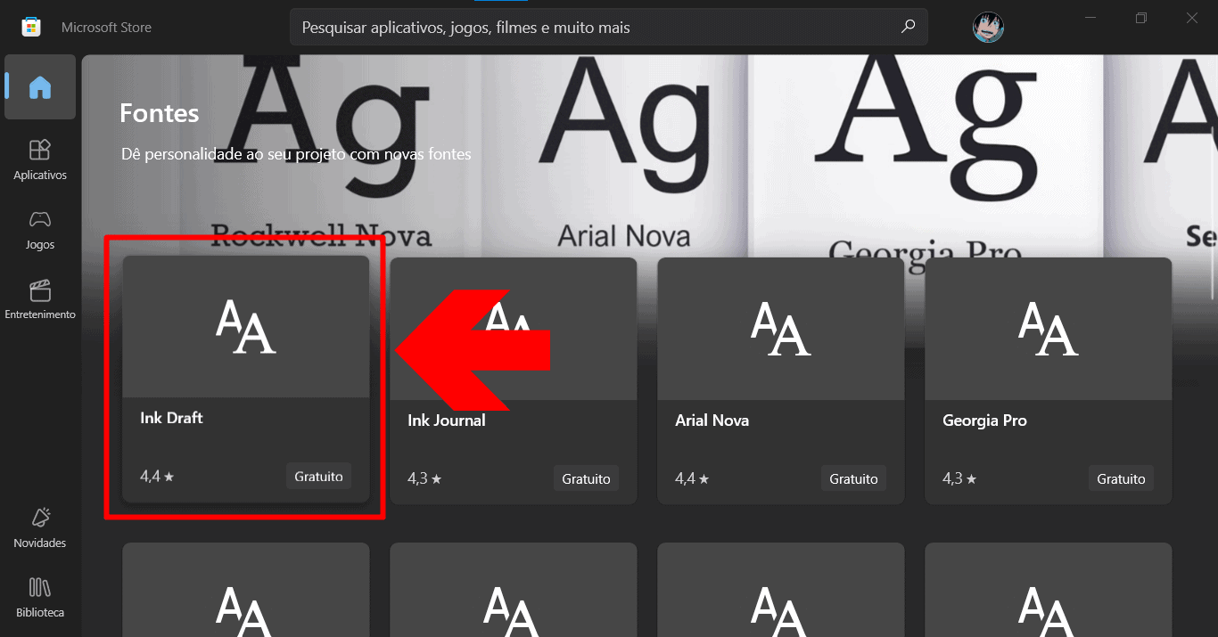Imagem exemplificando a seleção de fontes na Microsoft Store