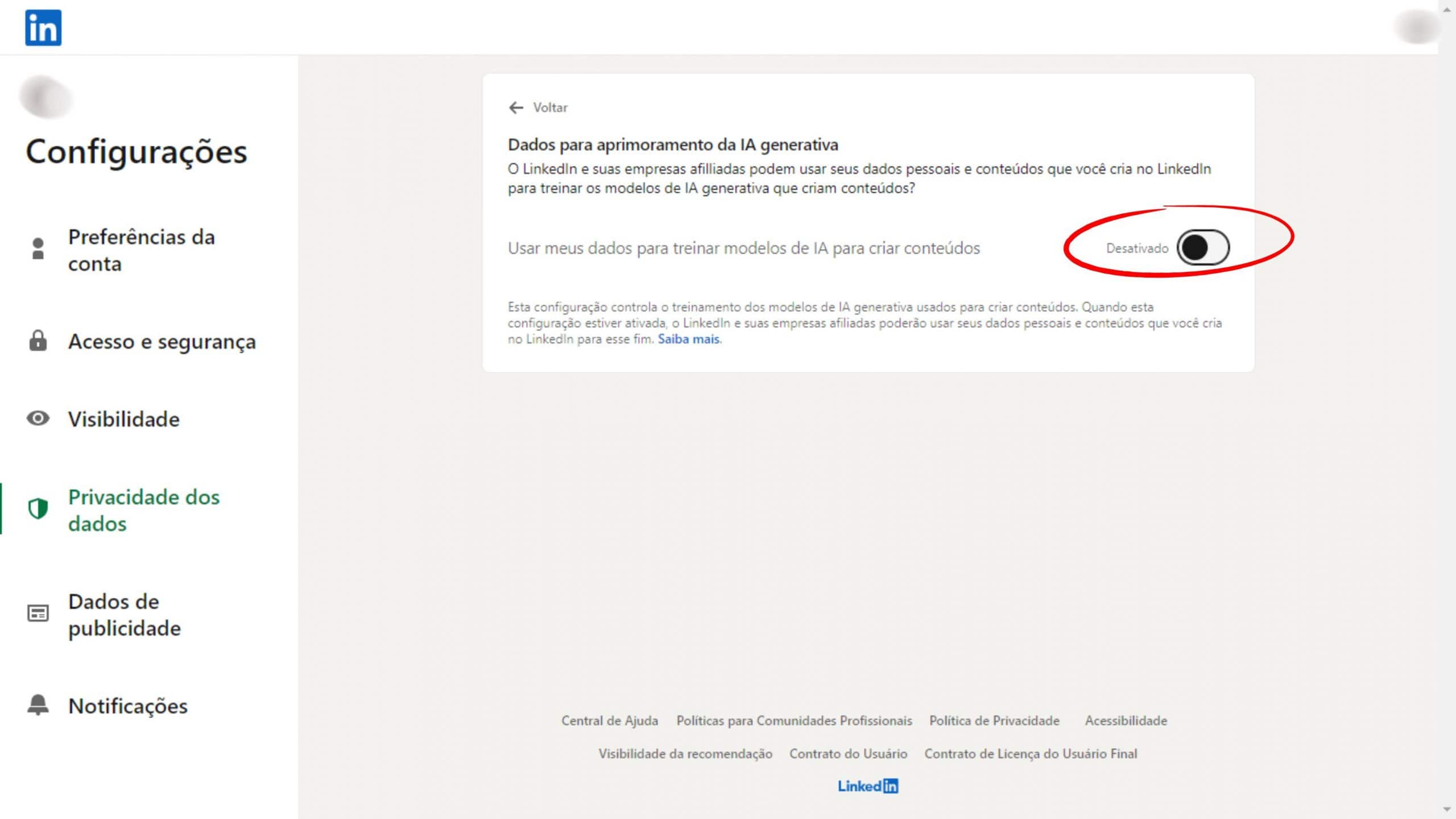 Desativação de dados no LinkedIn