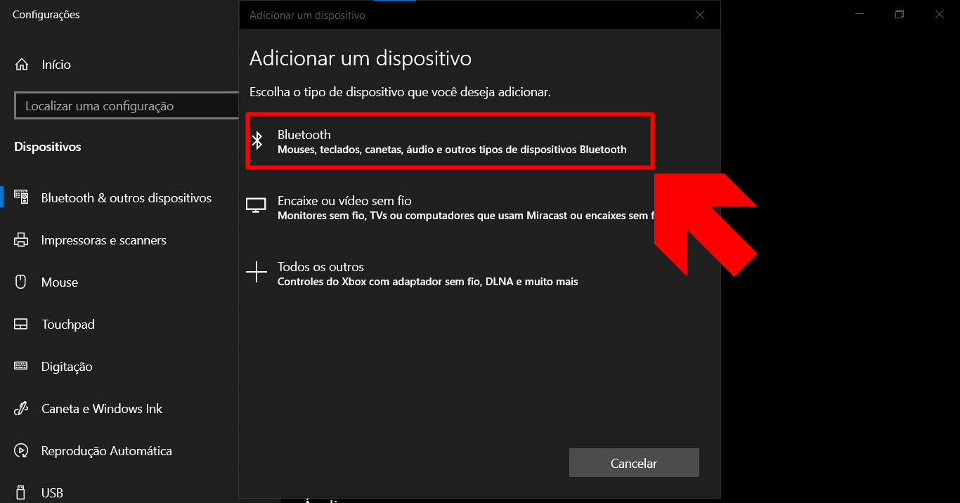 Seleção do tipo de dispositivo Bluetooth que deseja conectar ao Windows