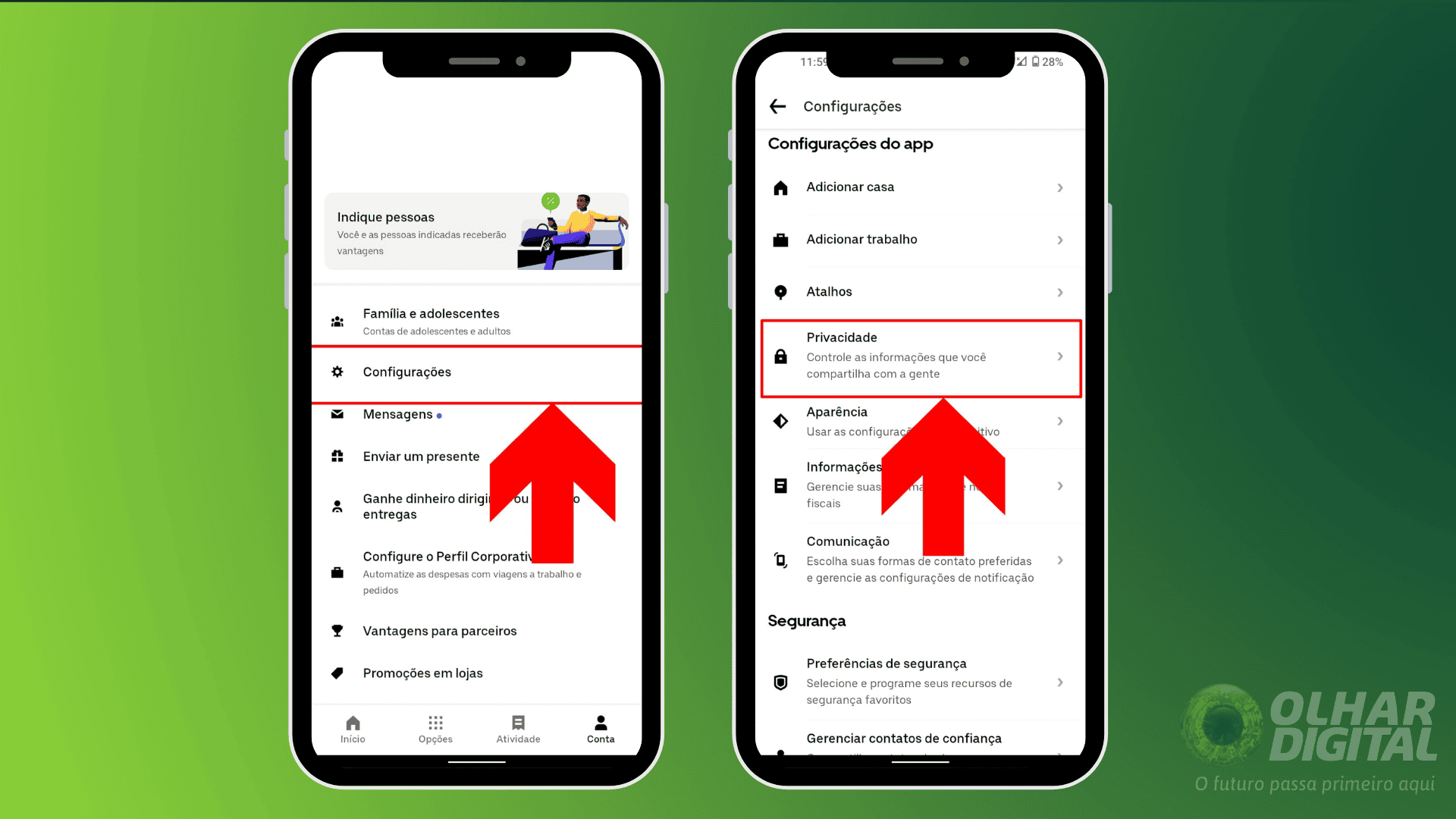 Imagem ilustrativa mostrando as opções de configuração e privacidade dentro de uma conta Uber