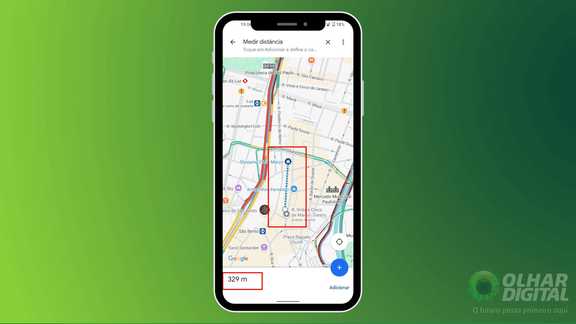 Imagem exibindo a medição de distância no Google Maps