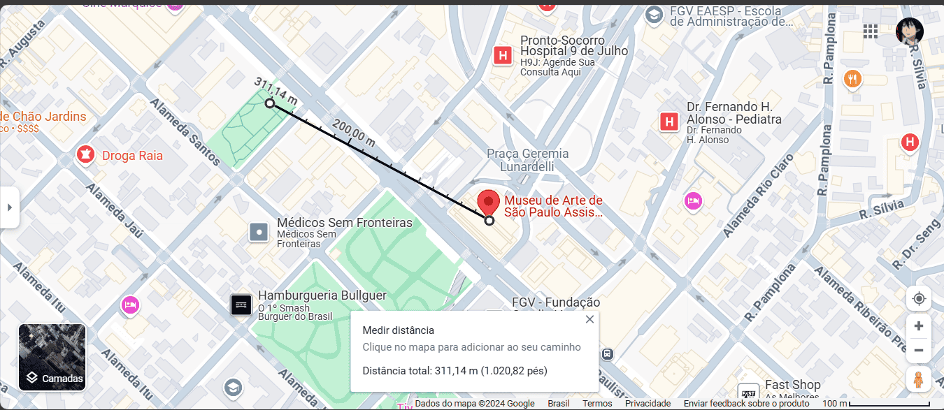 Imagem mostrando a distância medida entre dois pontos no Google Maps