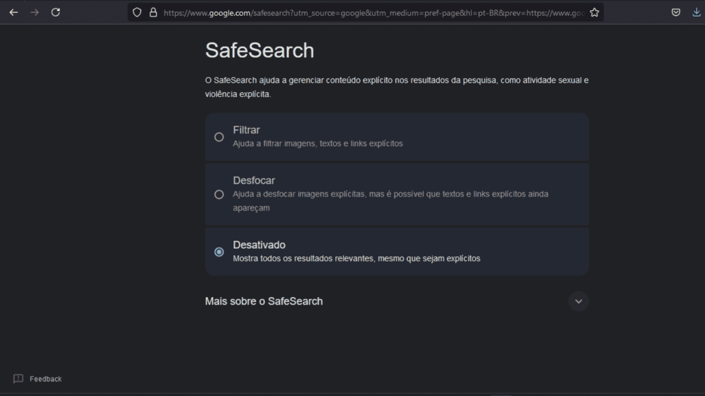 Configurações finais do SafeSearch no PC