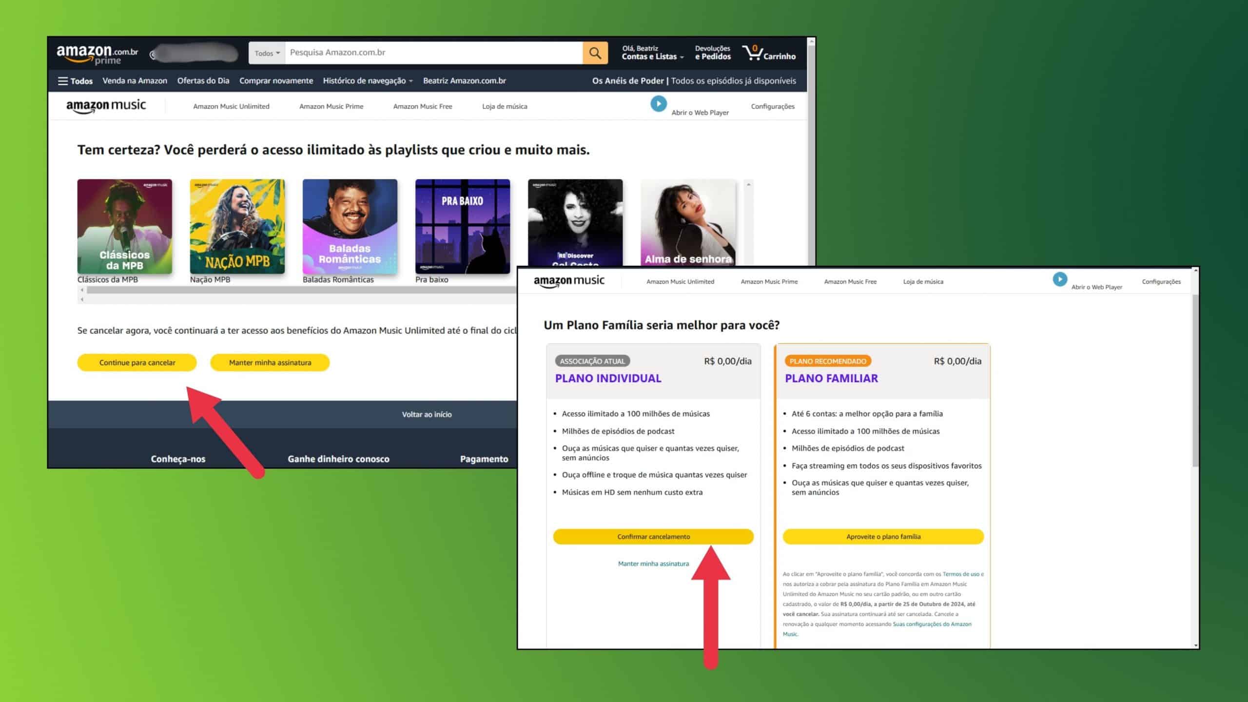 Confirmando o cancelamento do Amazon Music Unlimited