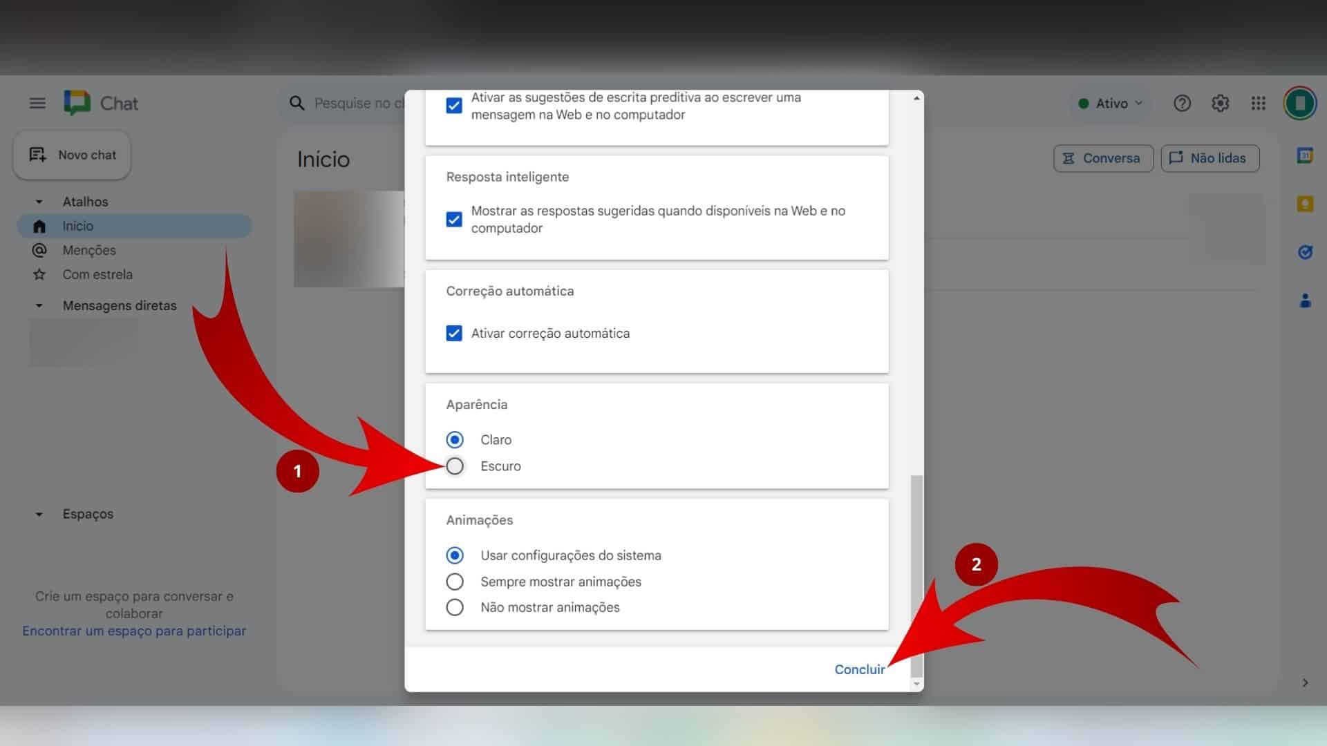 Tutorial do Google Chat mostrando alteração de tema