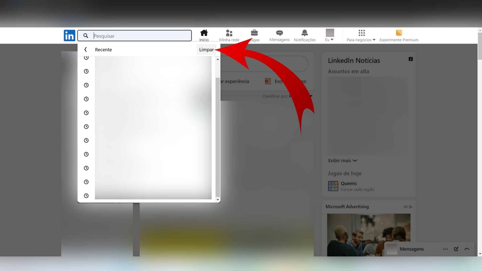 Imagem que demonstra como limpar o histórico de pesquisa no LinkedIn