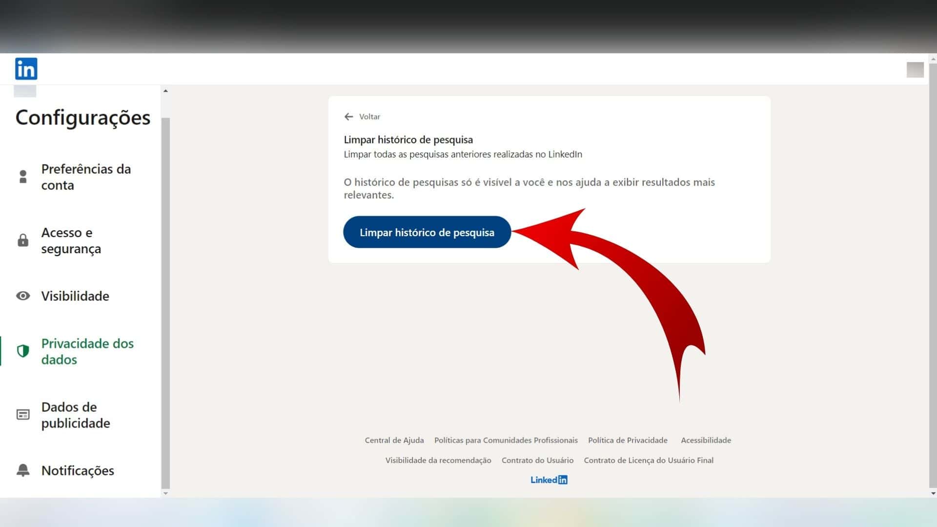 Aspecto final do processo de limpeza do histórico de pesquisa no LinkedIn