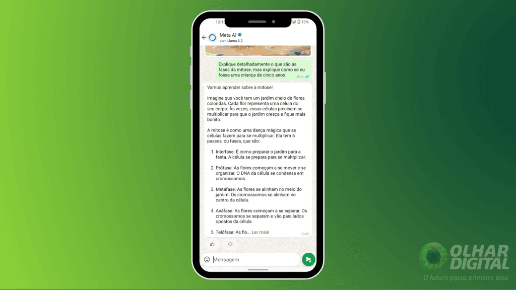 Exemplo de descrição simples sobre mitose pela IA do WhatsApp