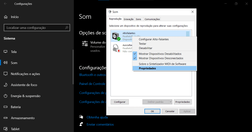 Central de configuração do dispositivo de áudio do computador