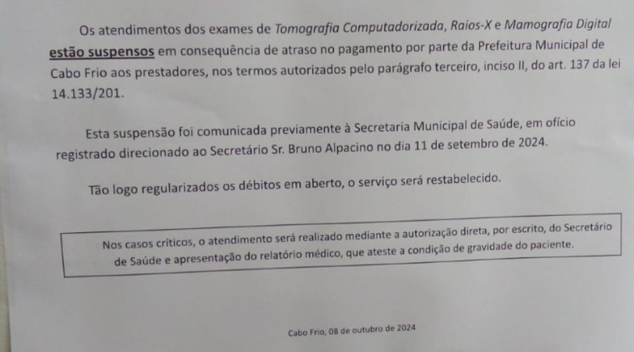 Cabo Frio: Acordo de exames é interrompido por suposta inadimplência