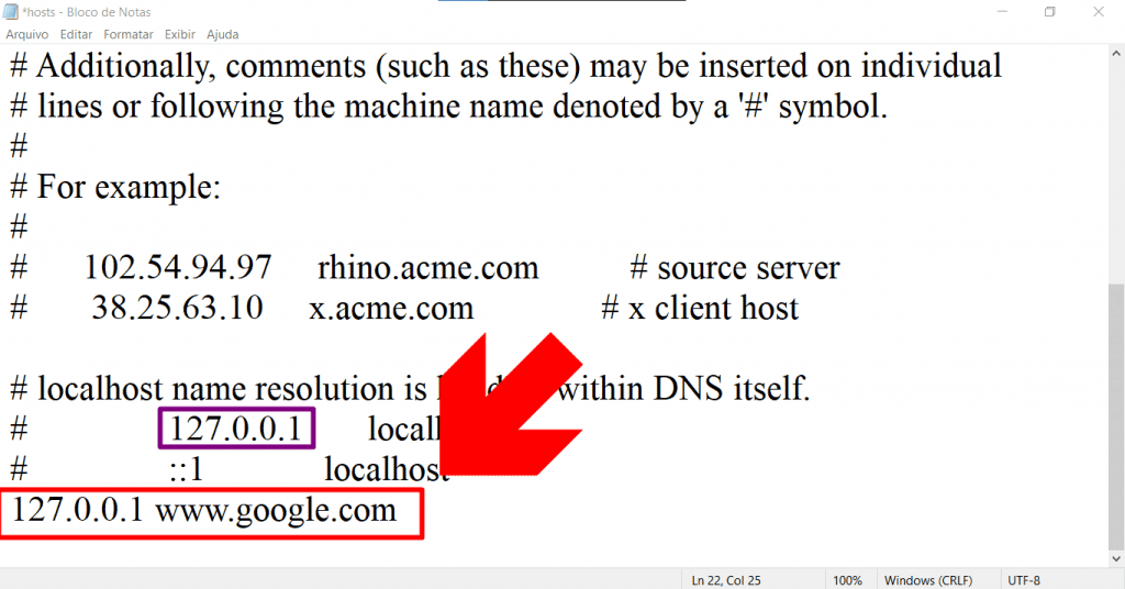 A imagem ilustra a edição do arquivo Hosts no bloco de notas de um computador Windows, mostrando como modificá-lo para bloquear o acesso a um determinado site.